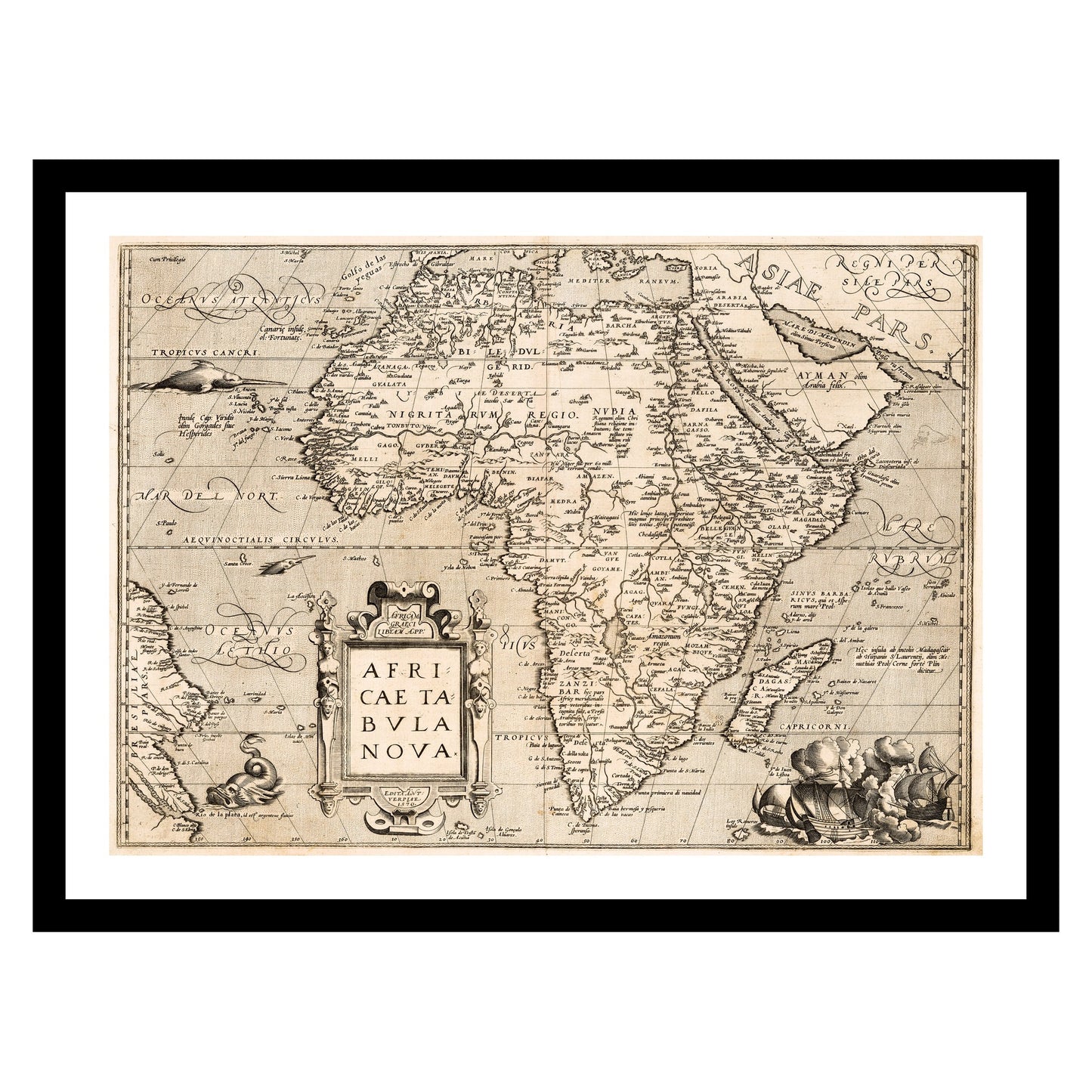 Antique map of Africa from 1570 - art print. Vintage poster from the old maps of Africa collection
