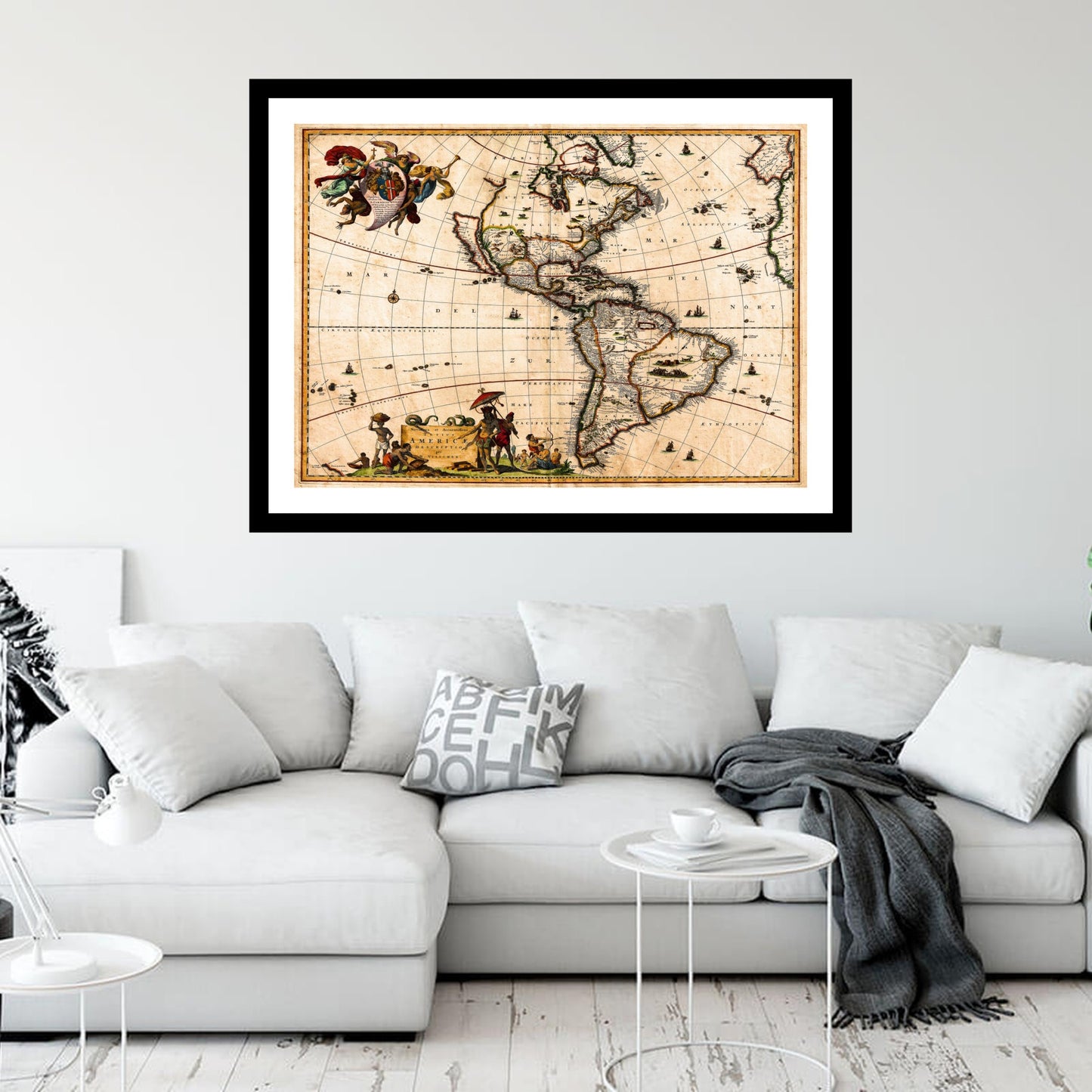 Antique map of North and South America from 1658 - art print. Vintage poster from the old maps of Americas collection