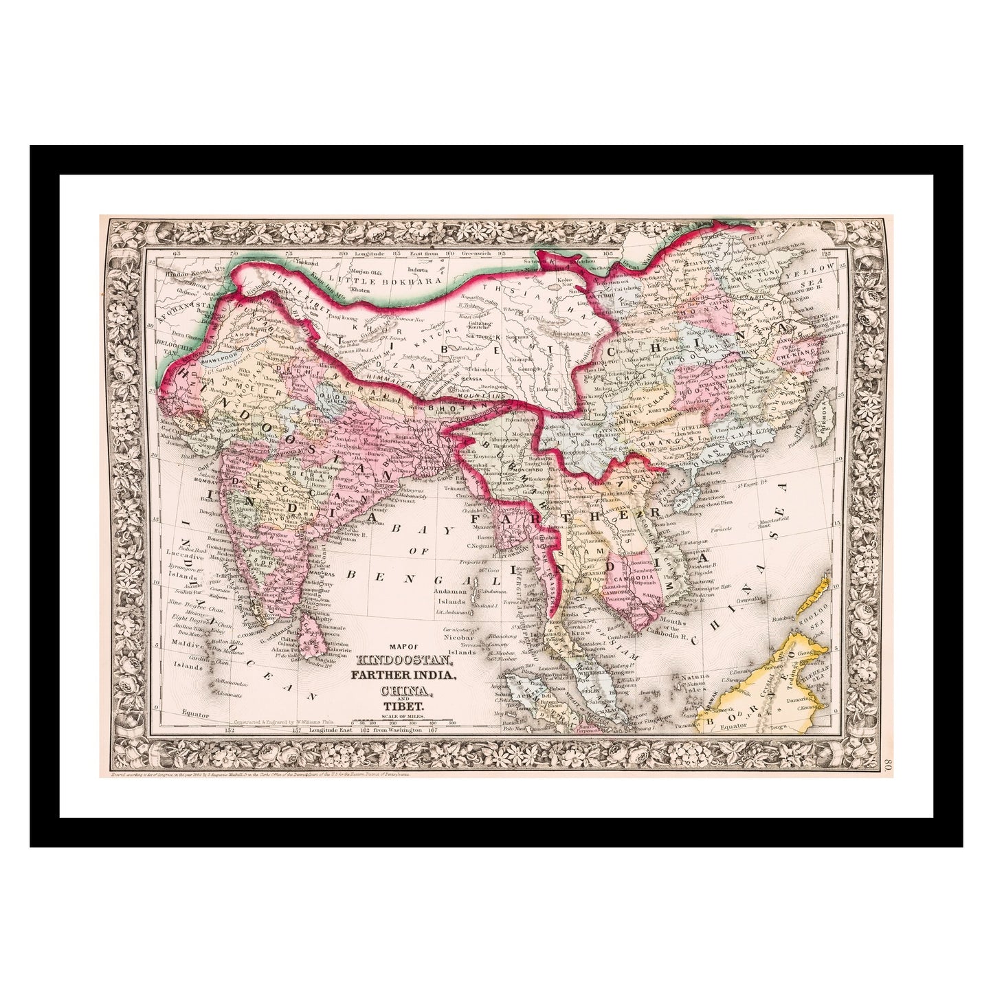Antique map of India China Tibet from 1863 - art print. Vintage poster from the old maps of India collection