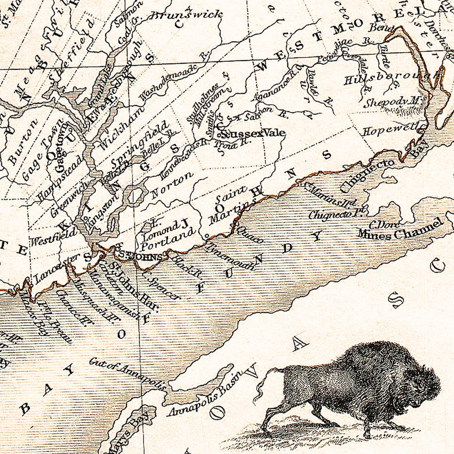 New Brunswick Canada 1850 - Old Antique Map - Art Print