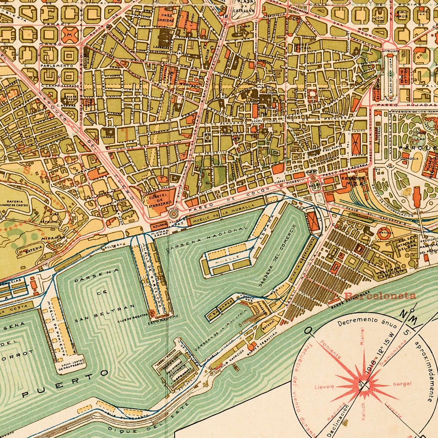 Barcelona Spain 1910 - Old Antique Map - Art Print