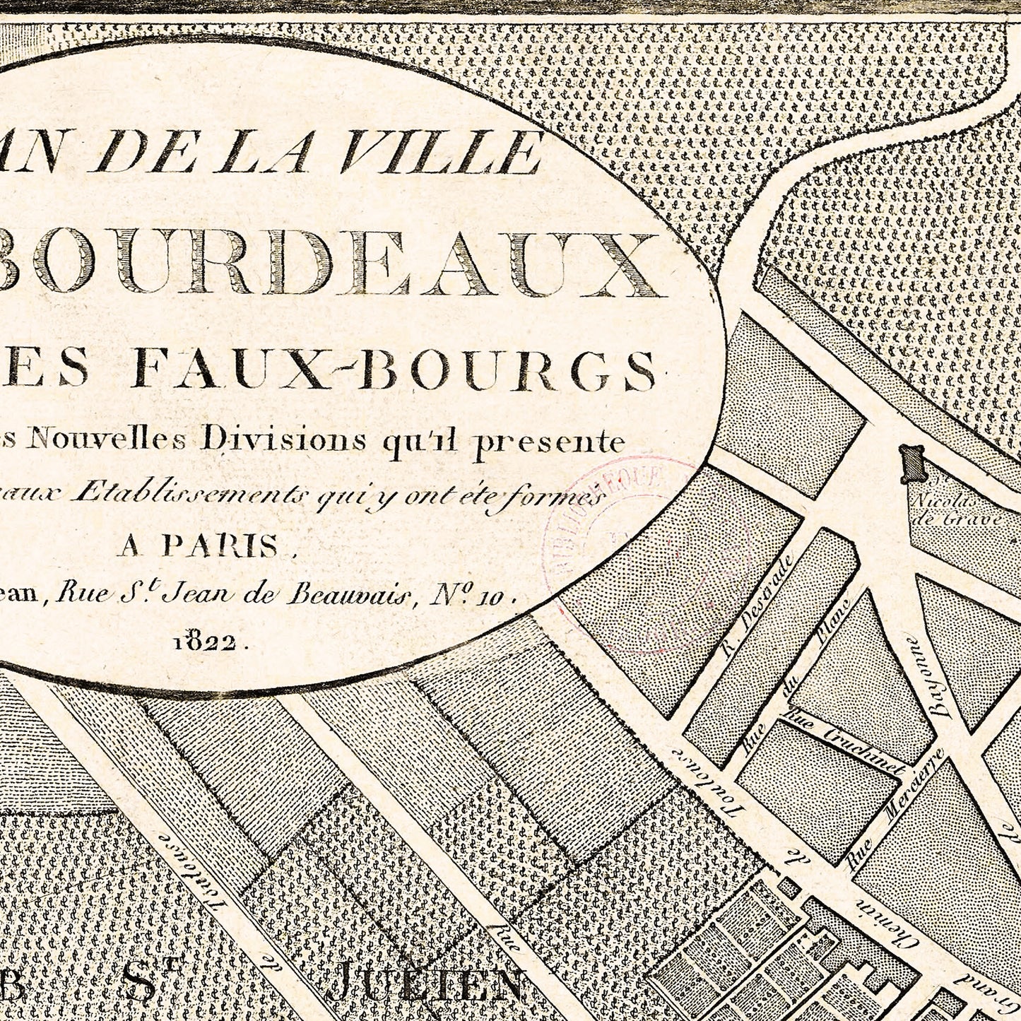 Bordeaux France 1822 - Old Antique Map - Art Print