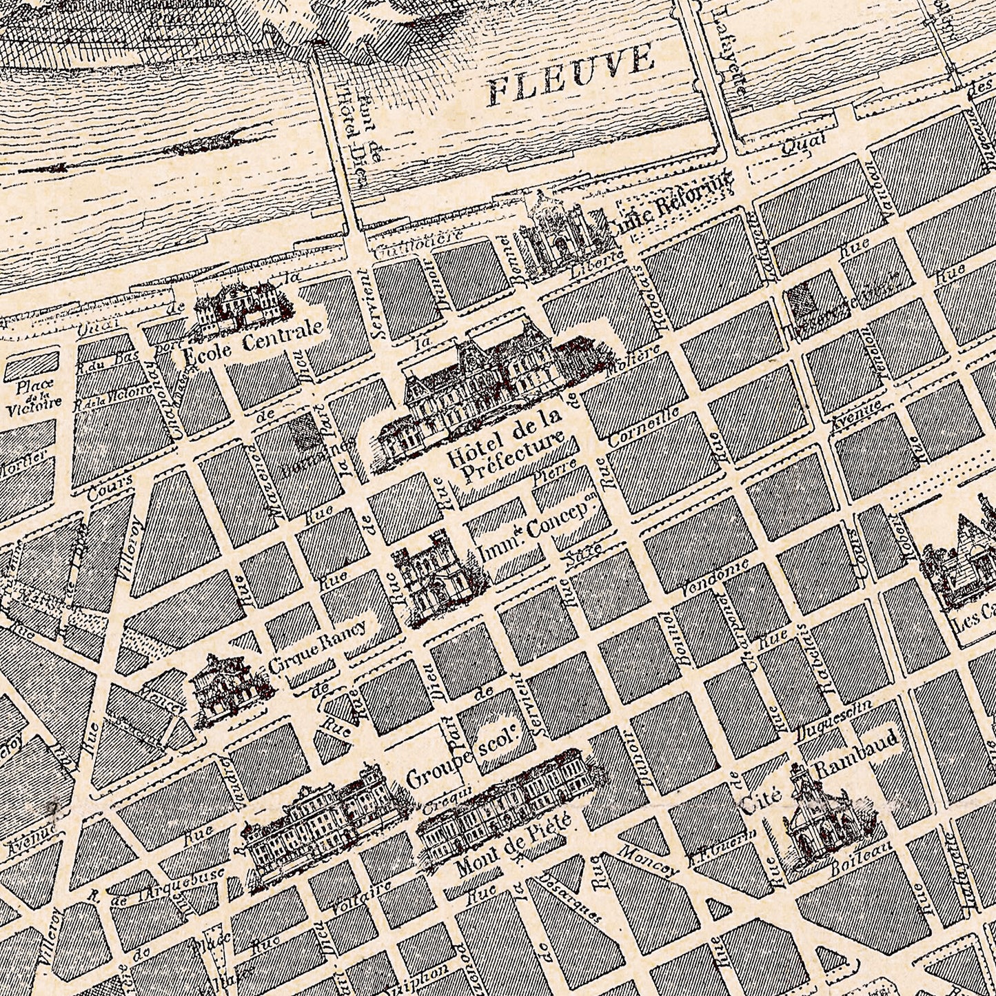 Lyon France 1892 - Old Antique Map - Art Print