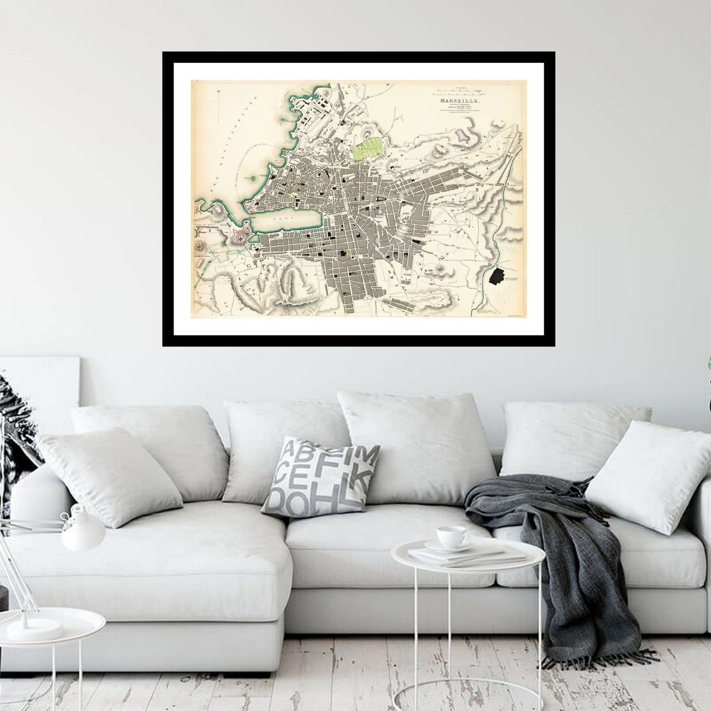 Antique map of Marseille from 1840 - art print. Vintage poster from the old maps of France collection