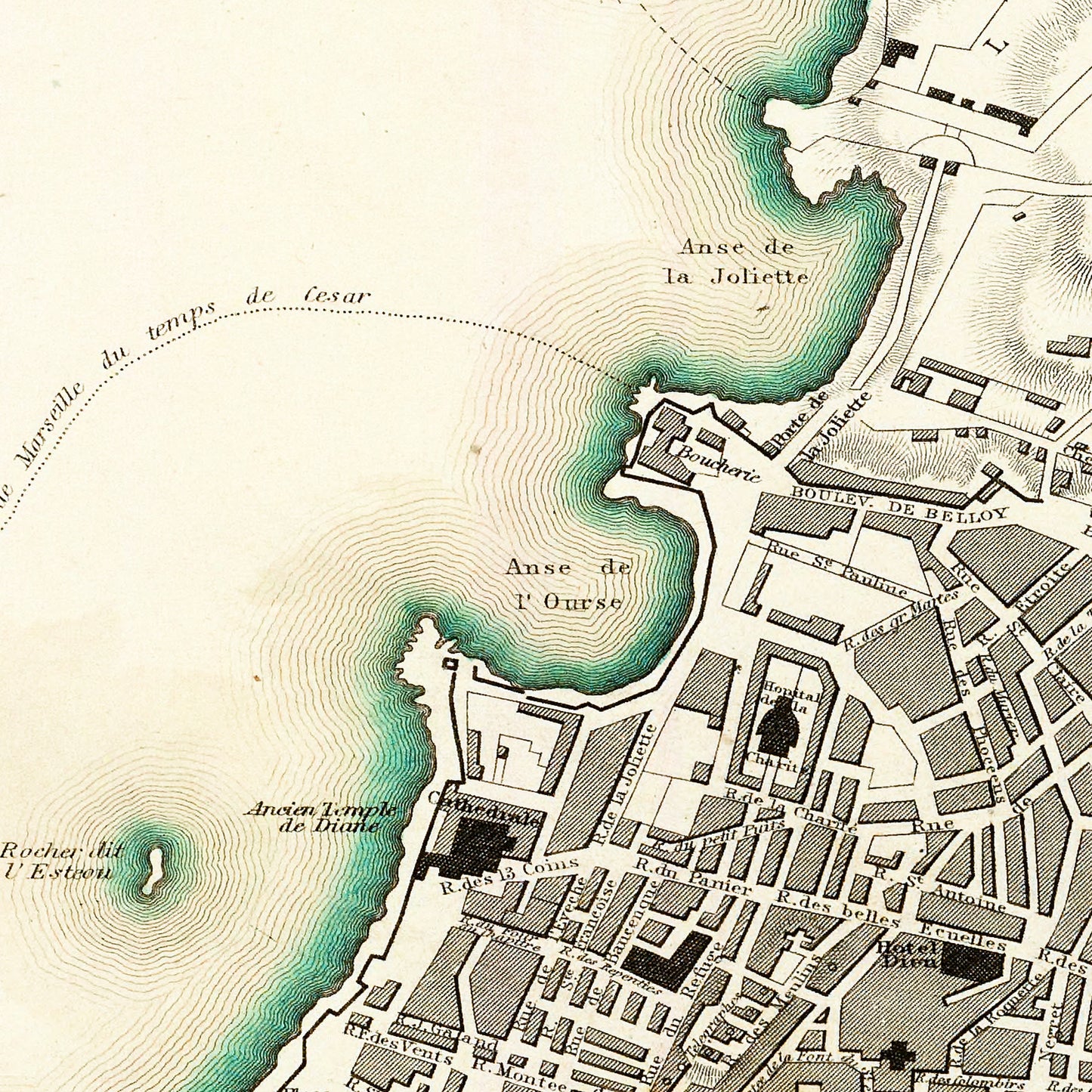 Marseille France 1840 - Old Antique Map - Art Print