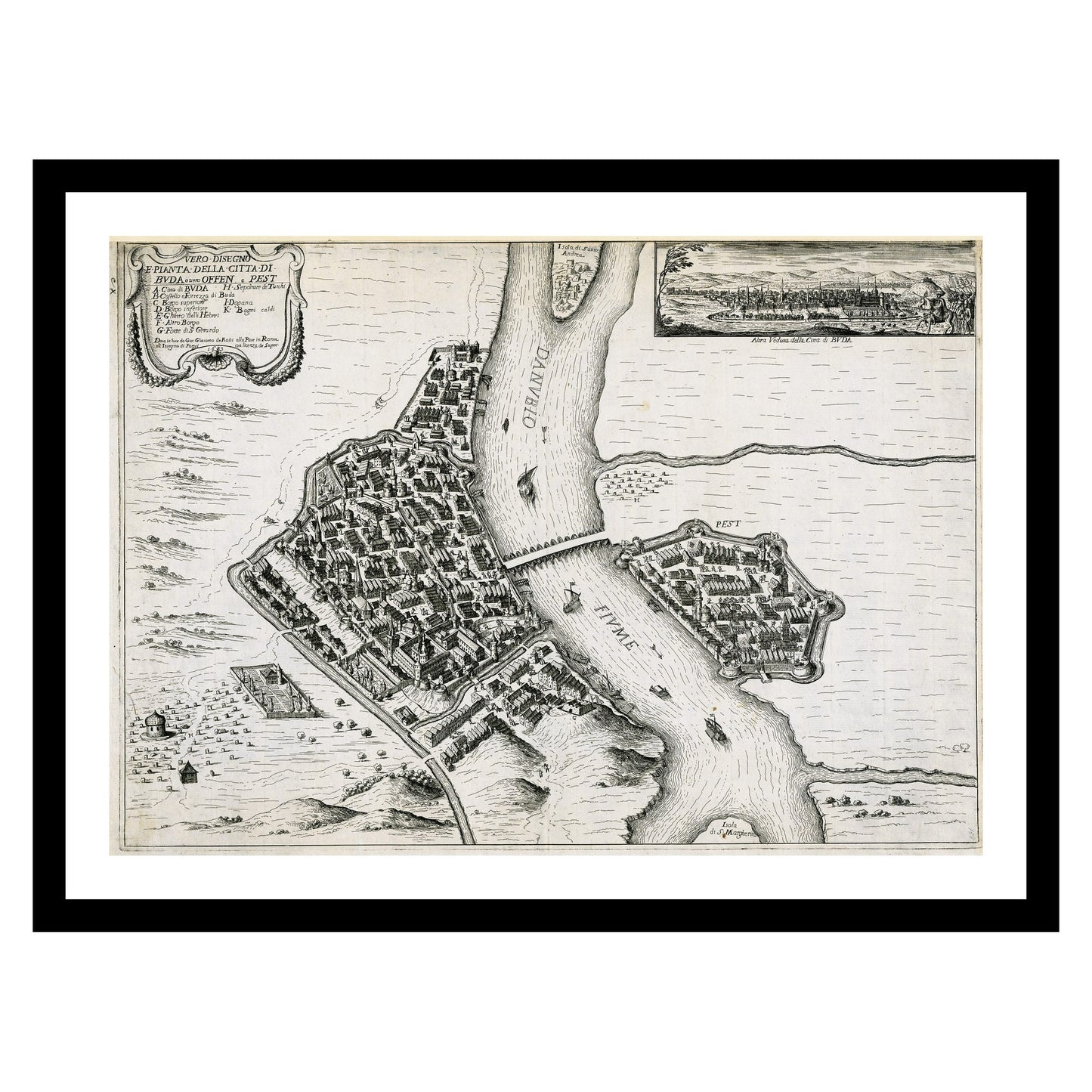 Antique map of Budapest from 1683 - art print. Vintage poster from the old maps of Hungary collection