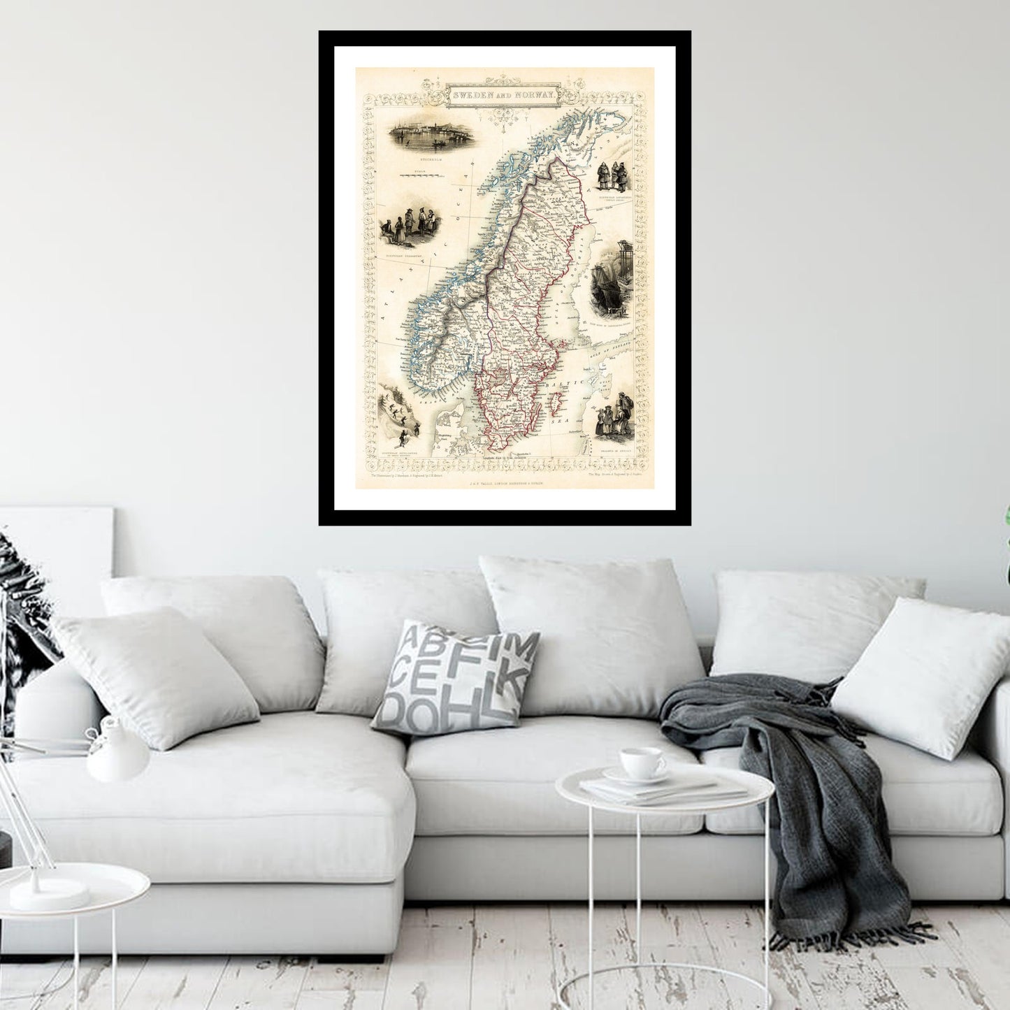 Antique map of Sweden Norway from 1851 - art print. Vintage poster from the old maps of Norway collection