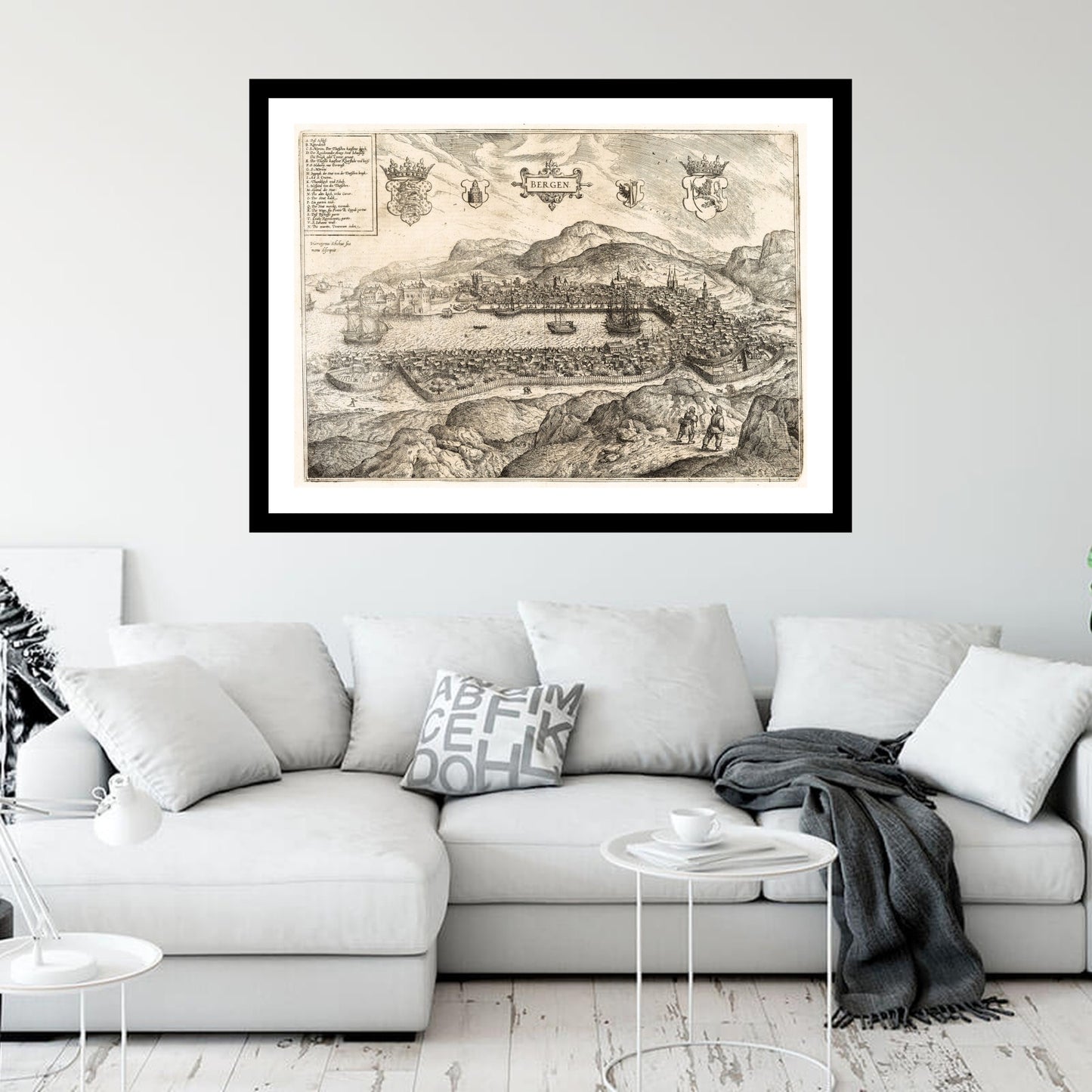 Antique map of Bergen from 1588 - art print. Vintage poster from the old maps of Norway collection