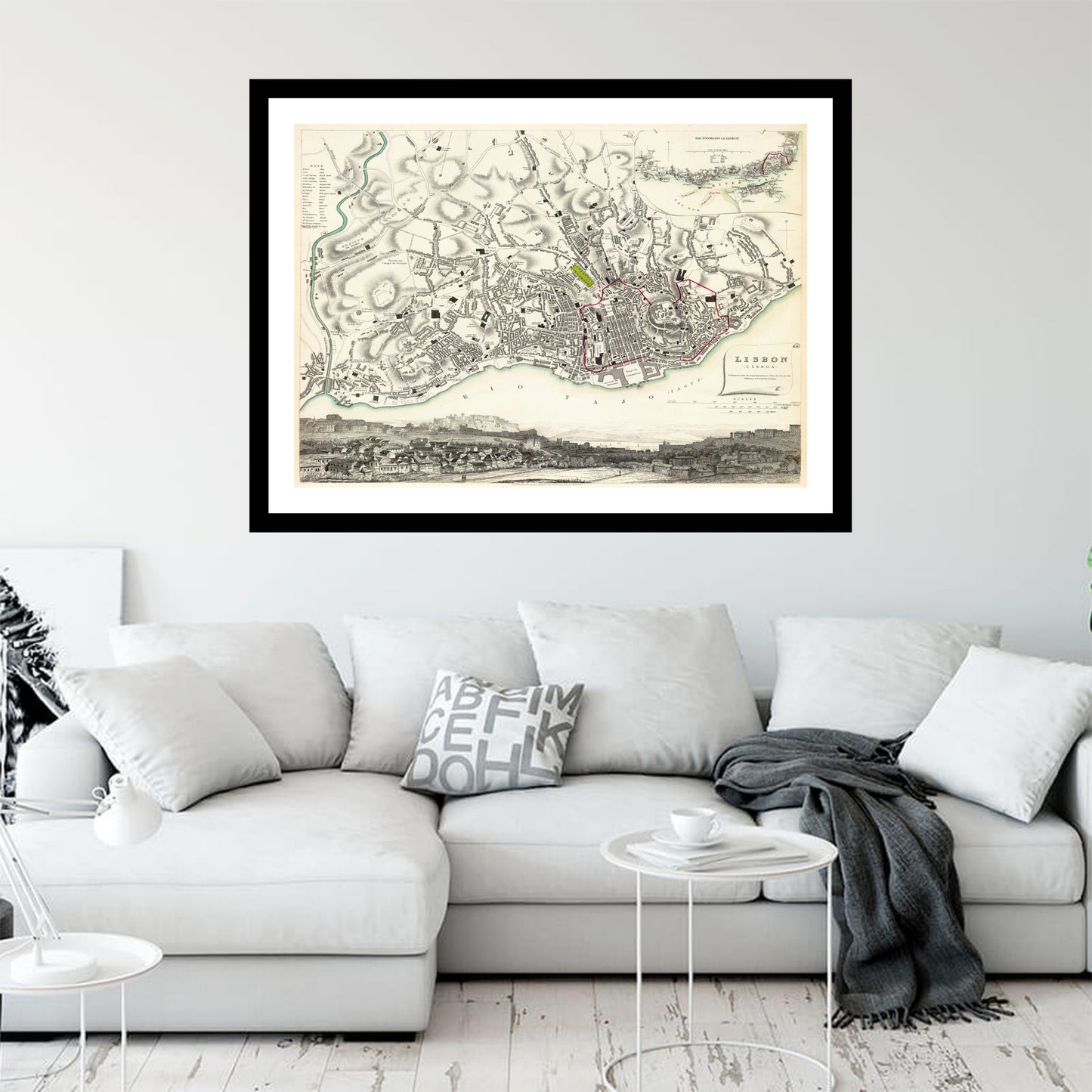 Antique map of Lisbon from 1833 - art print. Vintage poster from the old maps of Portugal collection