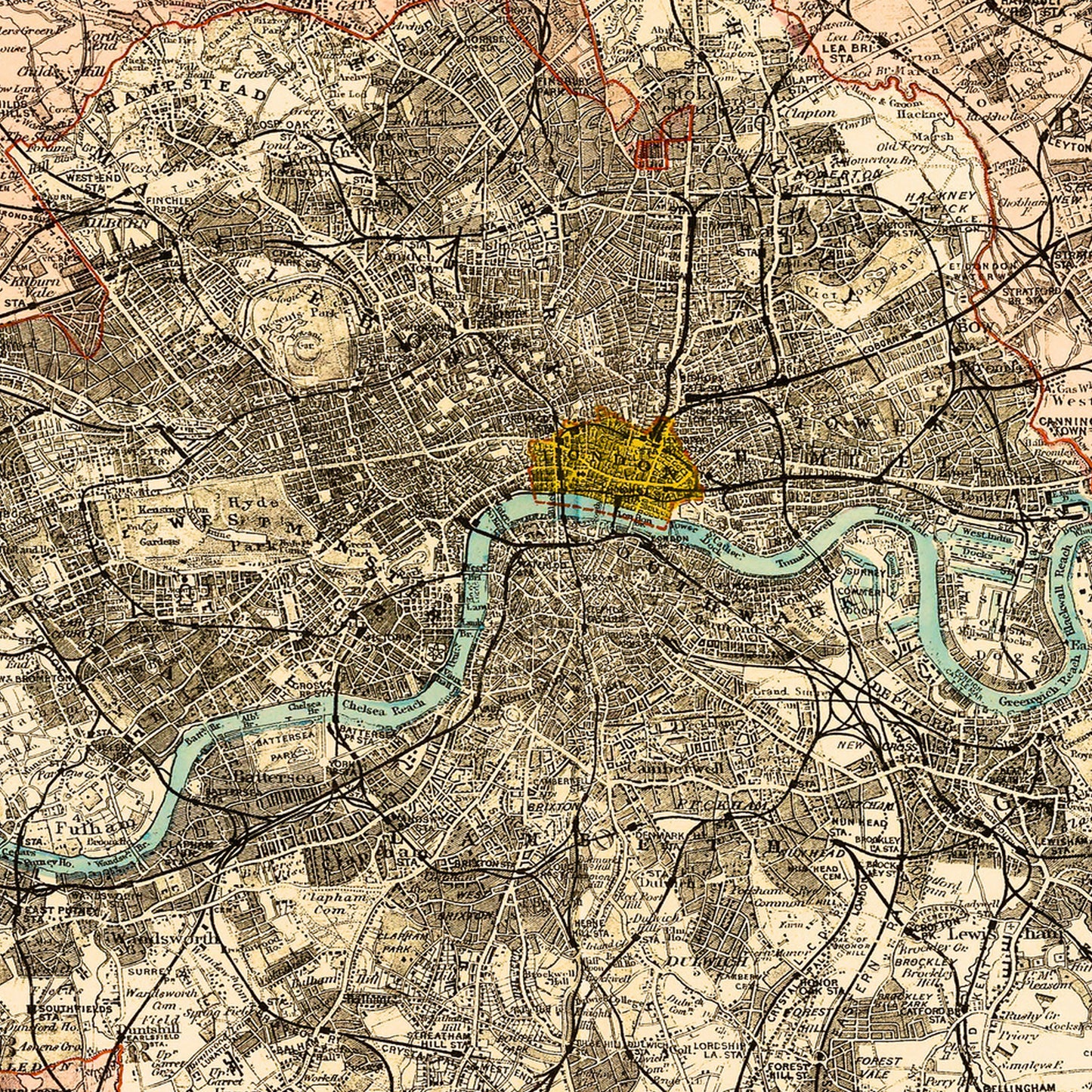London England UK 1901 - Old Antique Map - Art Print