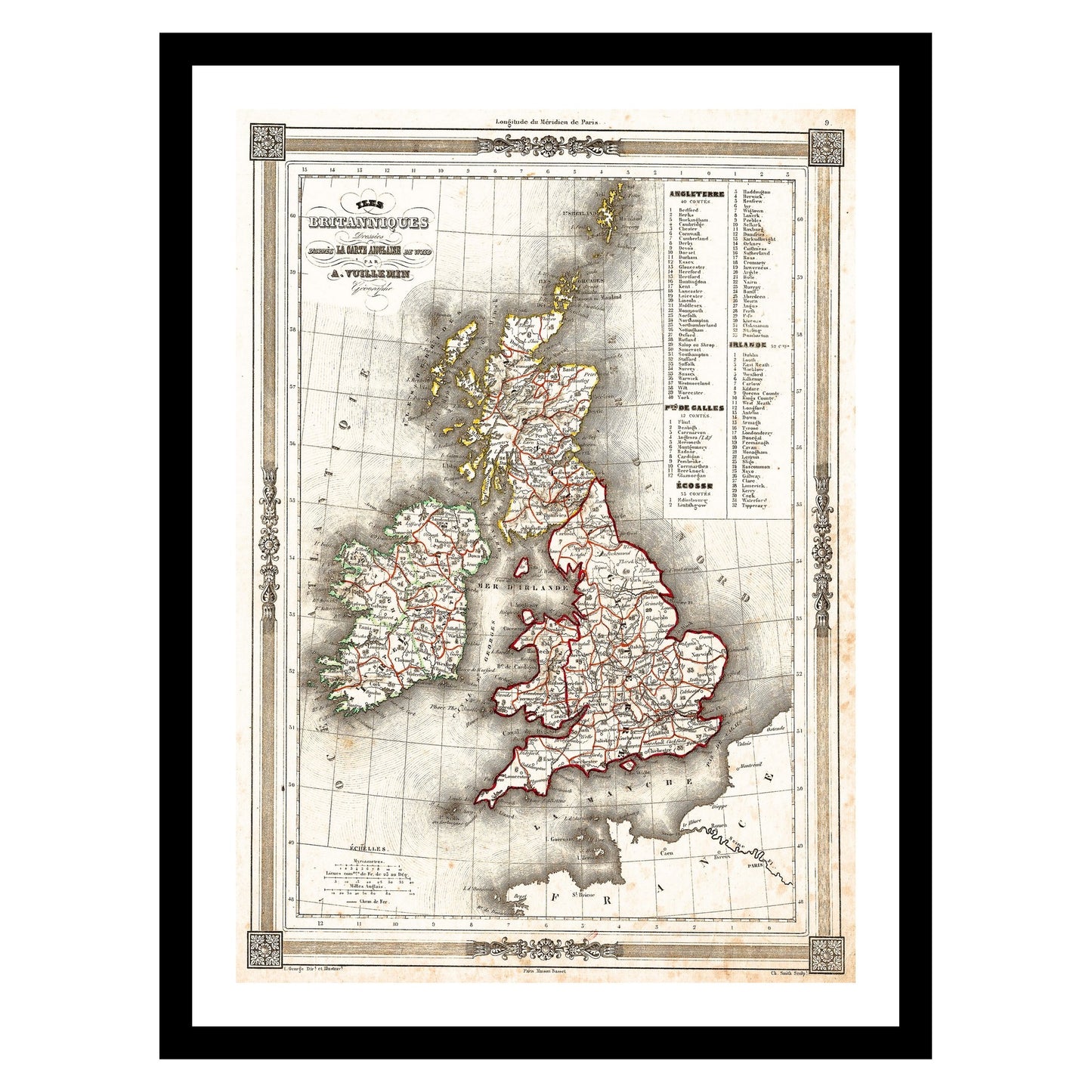Antique map of British Isles from 1852 - art print. Vintage poster from the old maps of United Kingdom collection
