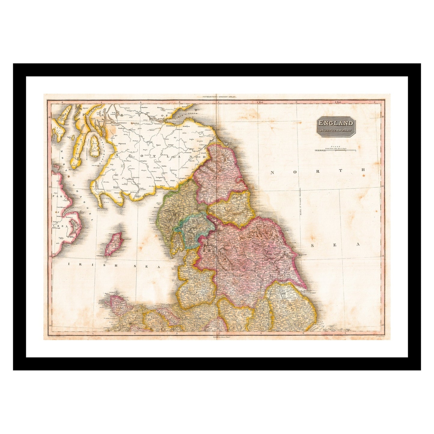 Antique map of Northern England from 1818 - art print. Vintage poster from the old maps of United Kingdom collection