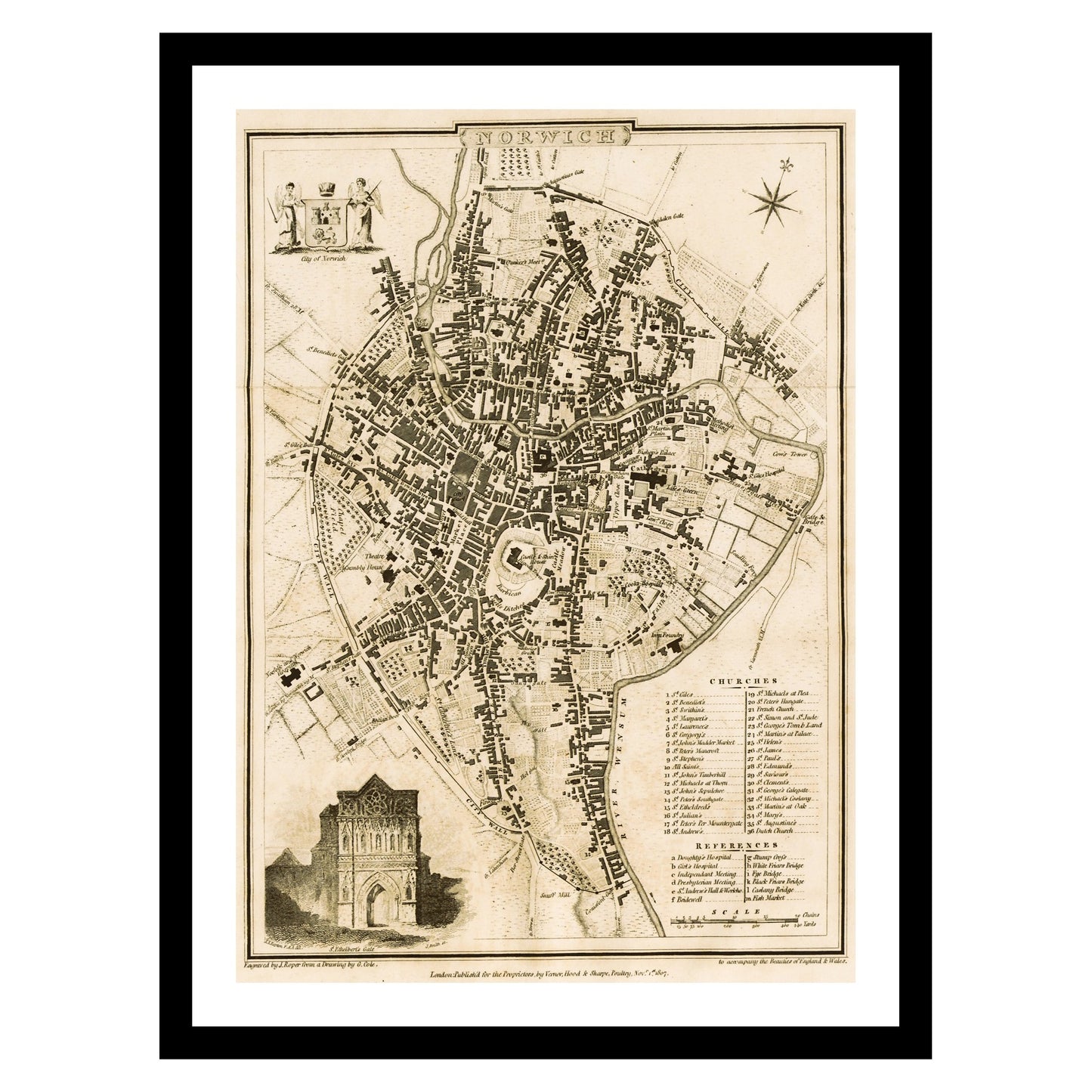 Antique map of Norwich from 1832 - art print. Vintage poster from the old maps of United Kingdom collection