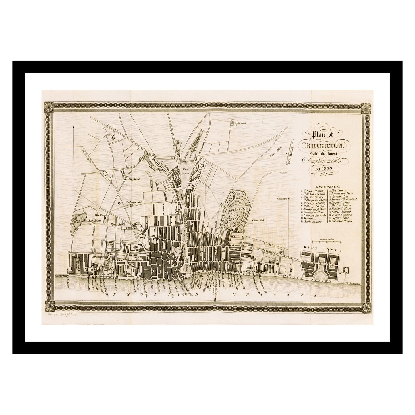 Antique map of Brighton from 1833 - art print. Vintage poster from the old maps of United Kingdom collection