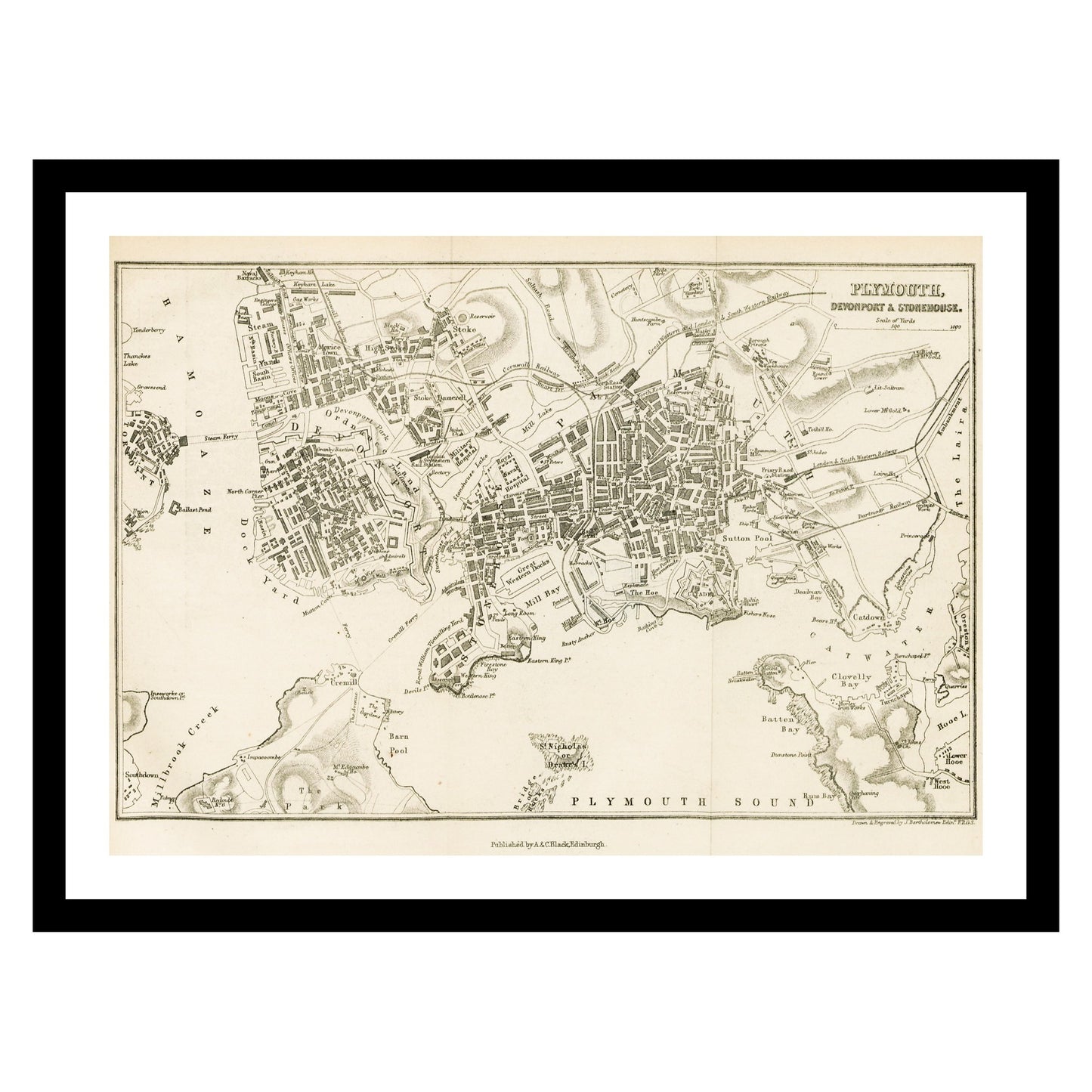 Antique map of Plymouth from 1883 - art print. Vintage poster from the old maps of United Kingdom collection