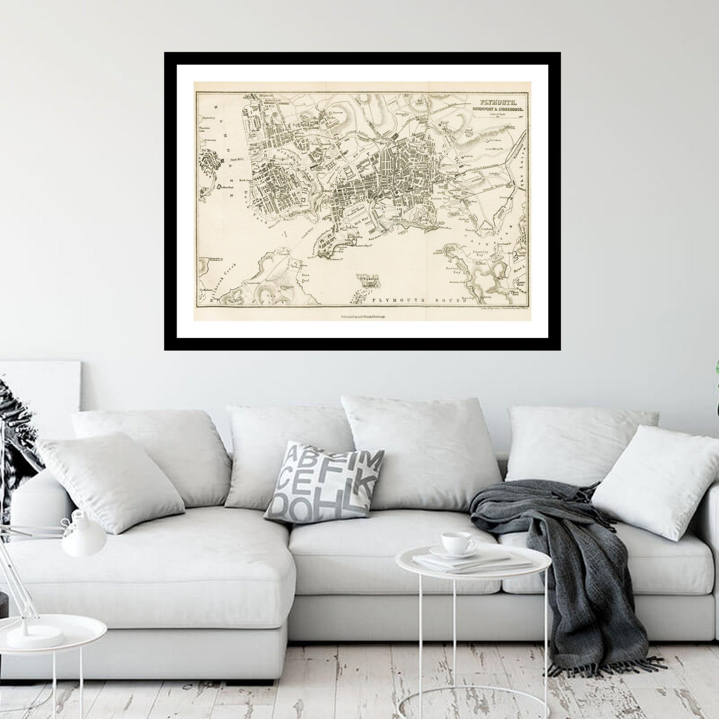 Antique map of Plymouth from 1883 - art print. Vintage poster from the old maps of United Kingdom collection
