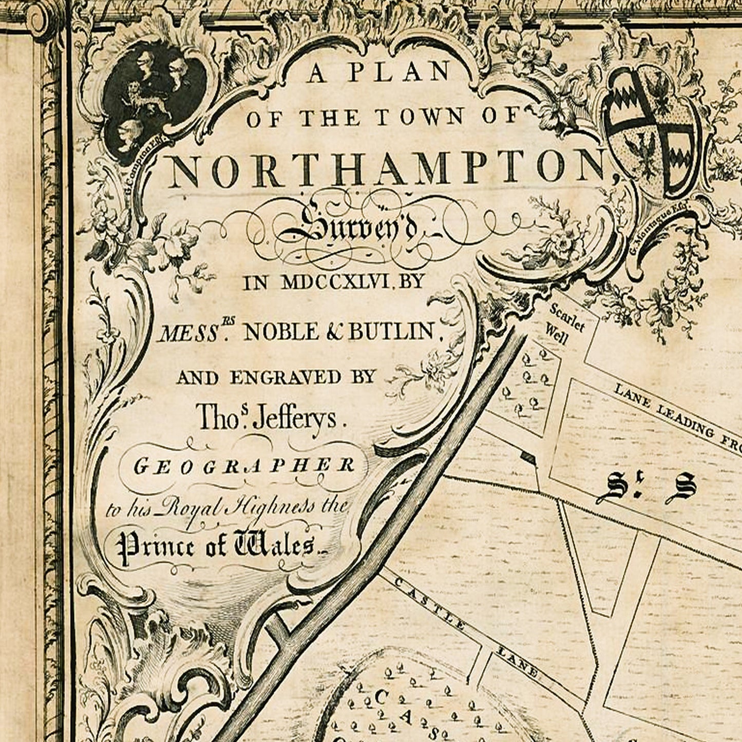 Northampton England UK 1746 - Old Antique Map - Art Print