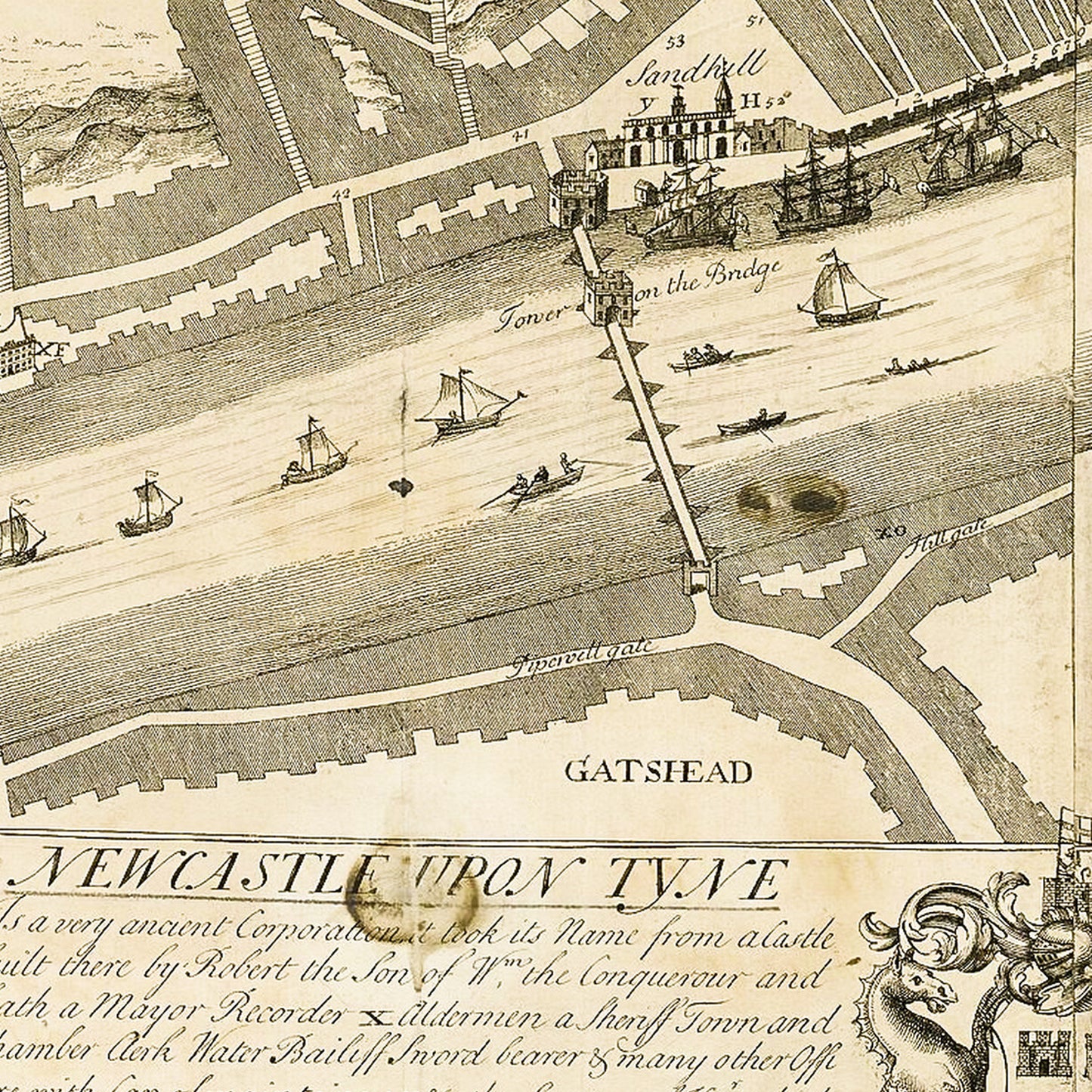 Newcastle England UK 1723 - Old Antique Map - Art Print
