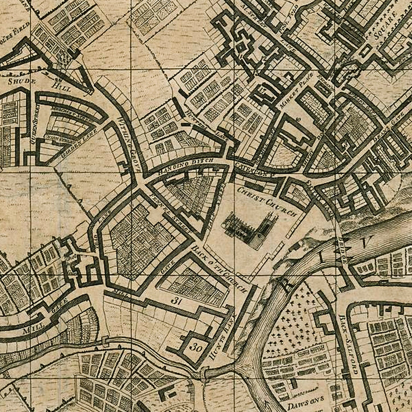 Manchester England UK 1751 - Old Antique Map - Art Print