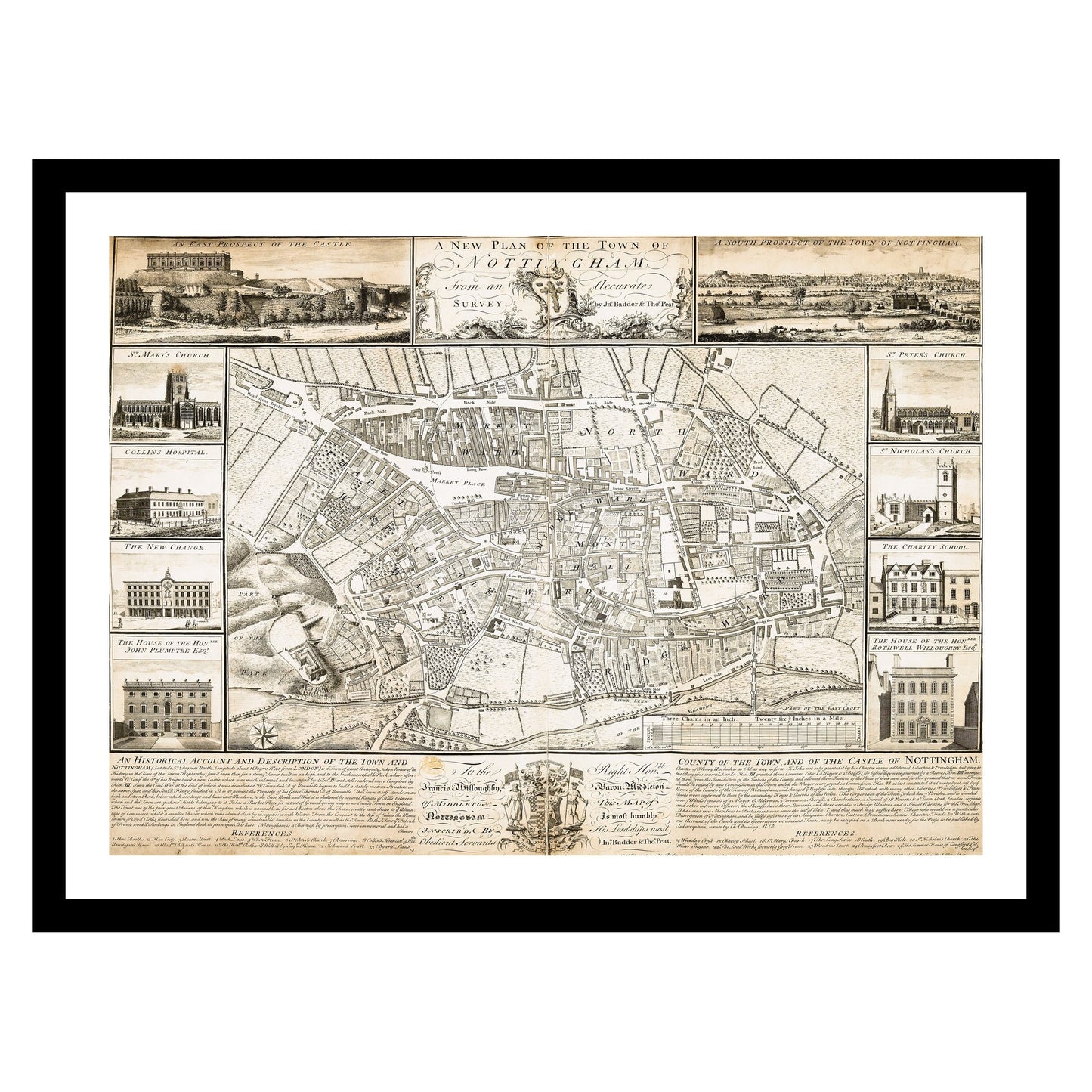 Antique map of Nottingham from 1744 - art print. Vintage poster from the old maps of United Kingdom collection