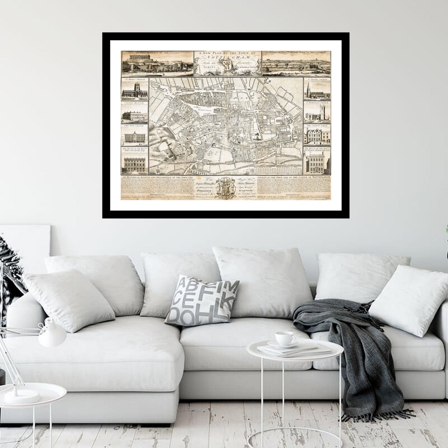 Antique map of Nottingham from 1744 - art print. Vintage poster from the old maps of United Kingdom collection