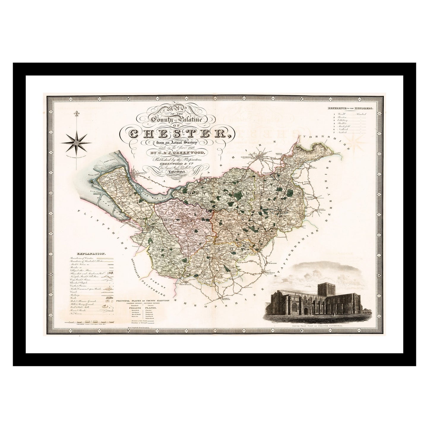 Antique map of Chester Cheshire from 1830 - art print. Vintage poster from the old maps of United Kingdom collection
