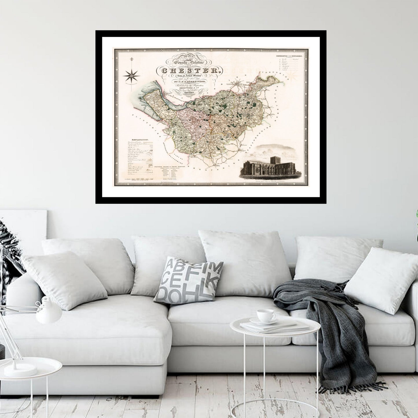 Antique map of Chester Cheshire from 1830 - art print. Vintage poster from the old maps of United Kingdom collection