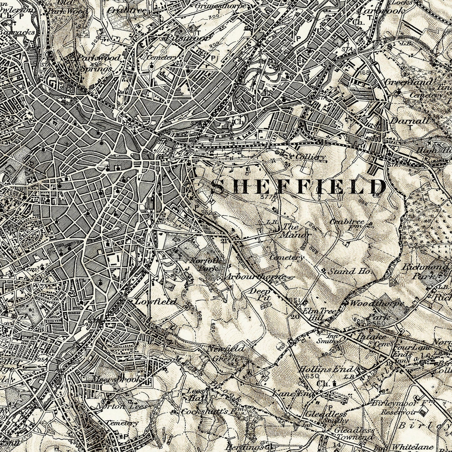 Sheffield England UK 1909 - Old Antique Map - Art Print