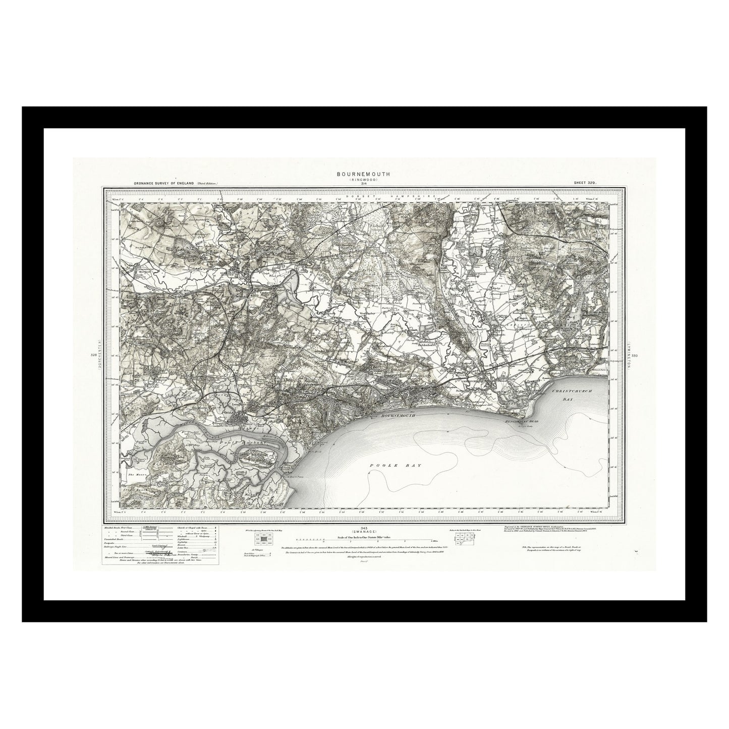 Antique map of Bournemouth from 1904 - art print. Vintage poster from the old maps of United Kingdom collection