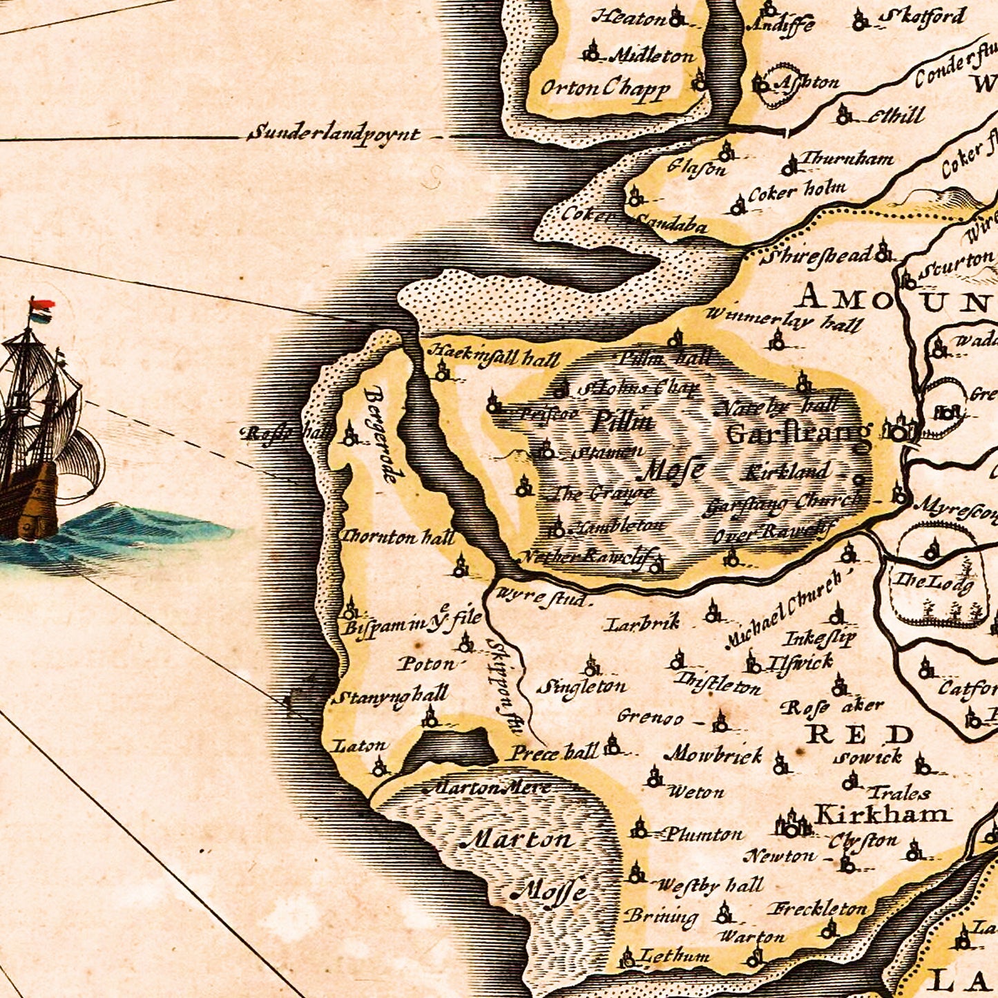 Lancashire England UK 1646 - Old Antique Map - Art Print