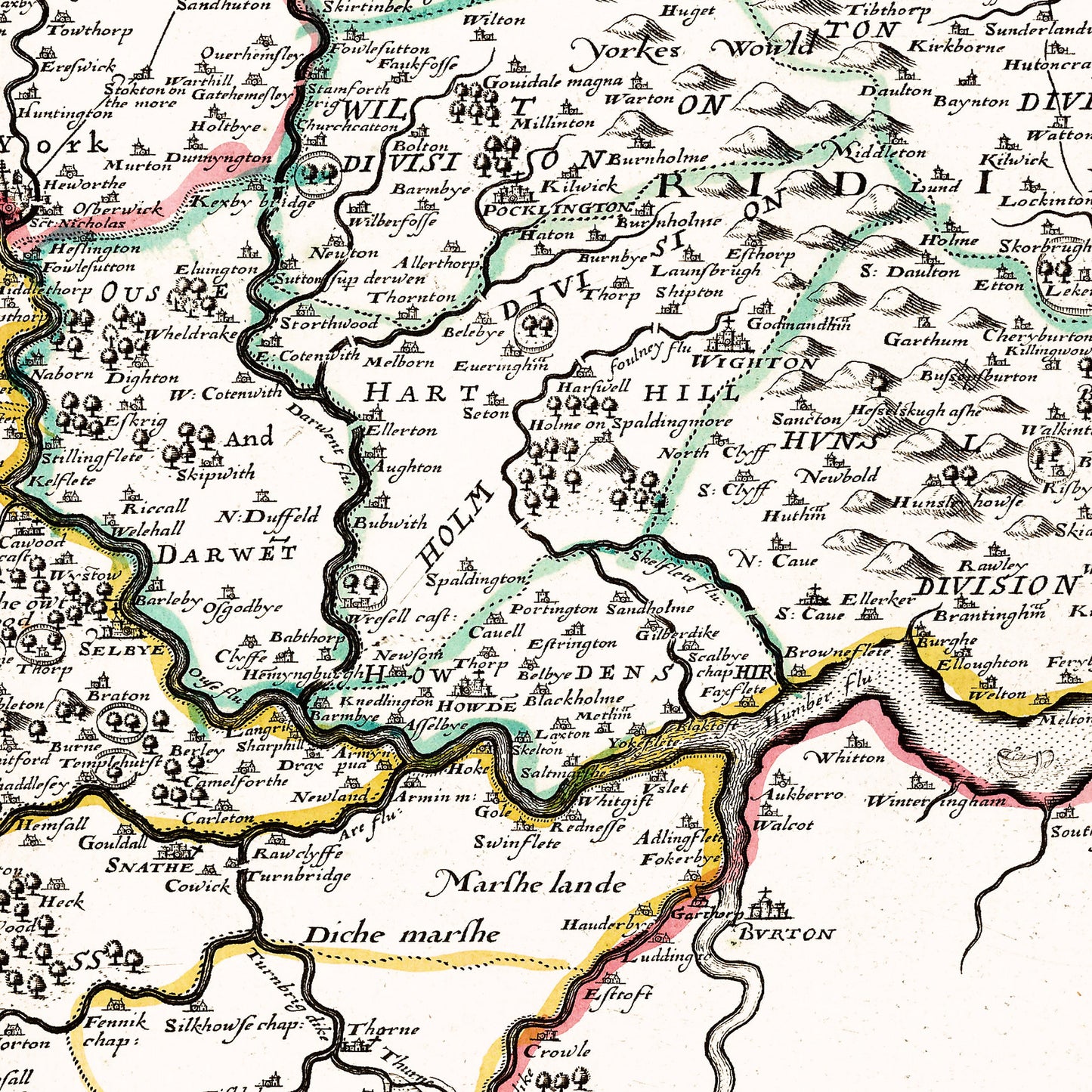 Yorkshire England UK 1732 - Old Antique Map - Art Print