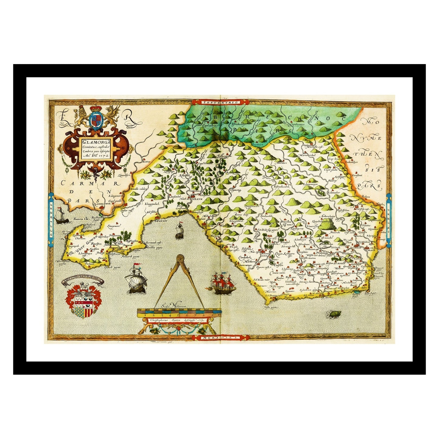 Antique map of Glamorgan from 1576 - art print. Vintage poster from the old maps of United Kingdom collection