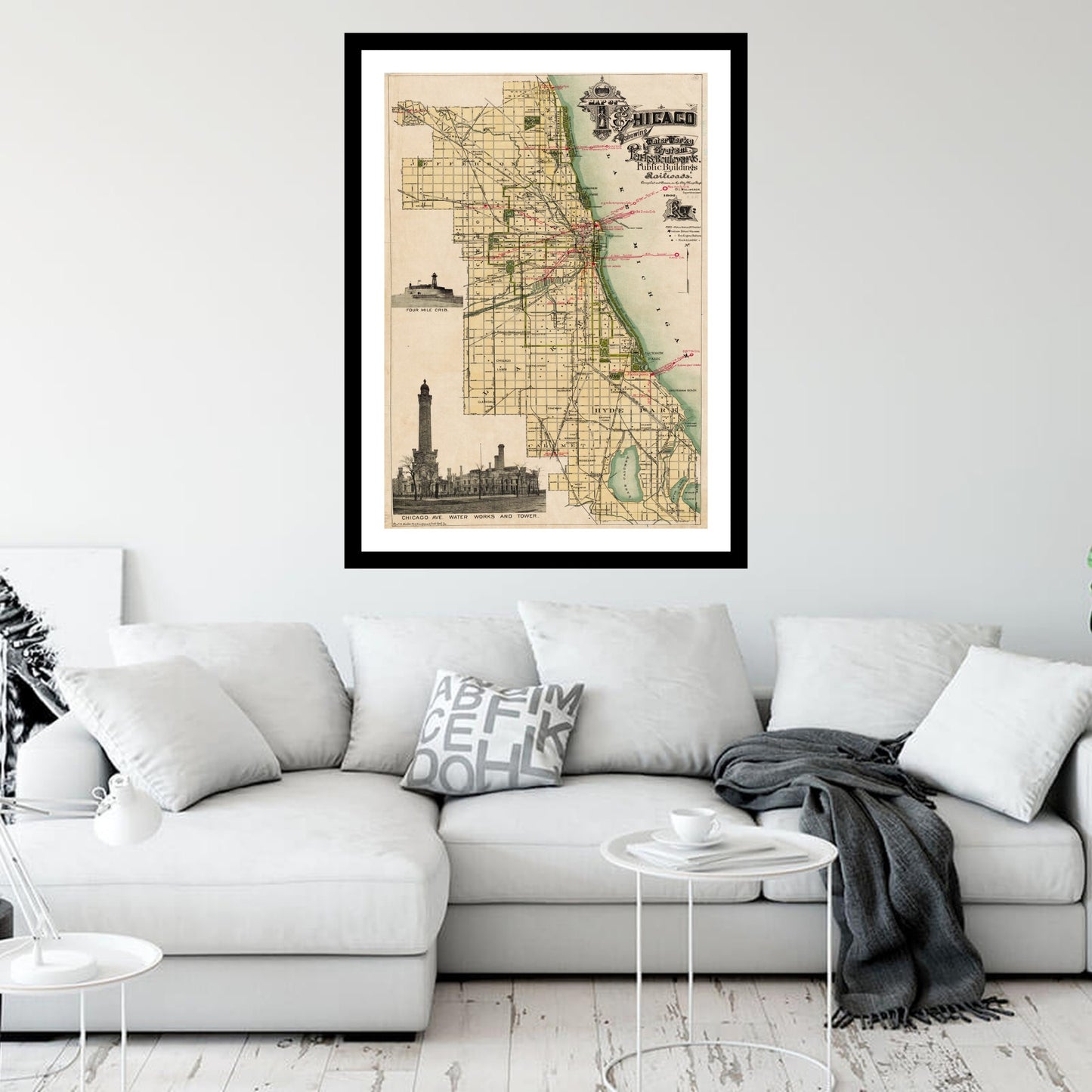 Antique map of Chicago Illinois from 1896 - art print. Vintage poster from the old maps of United States collection