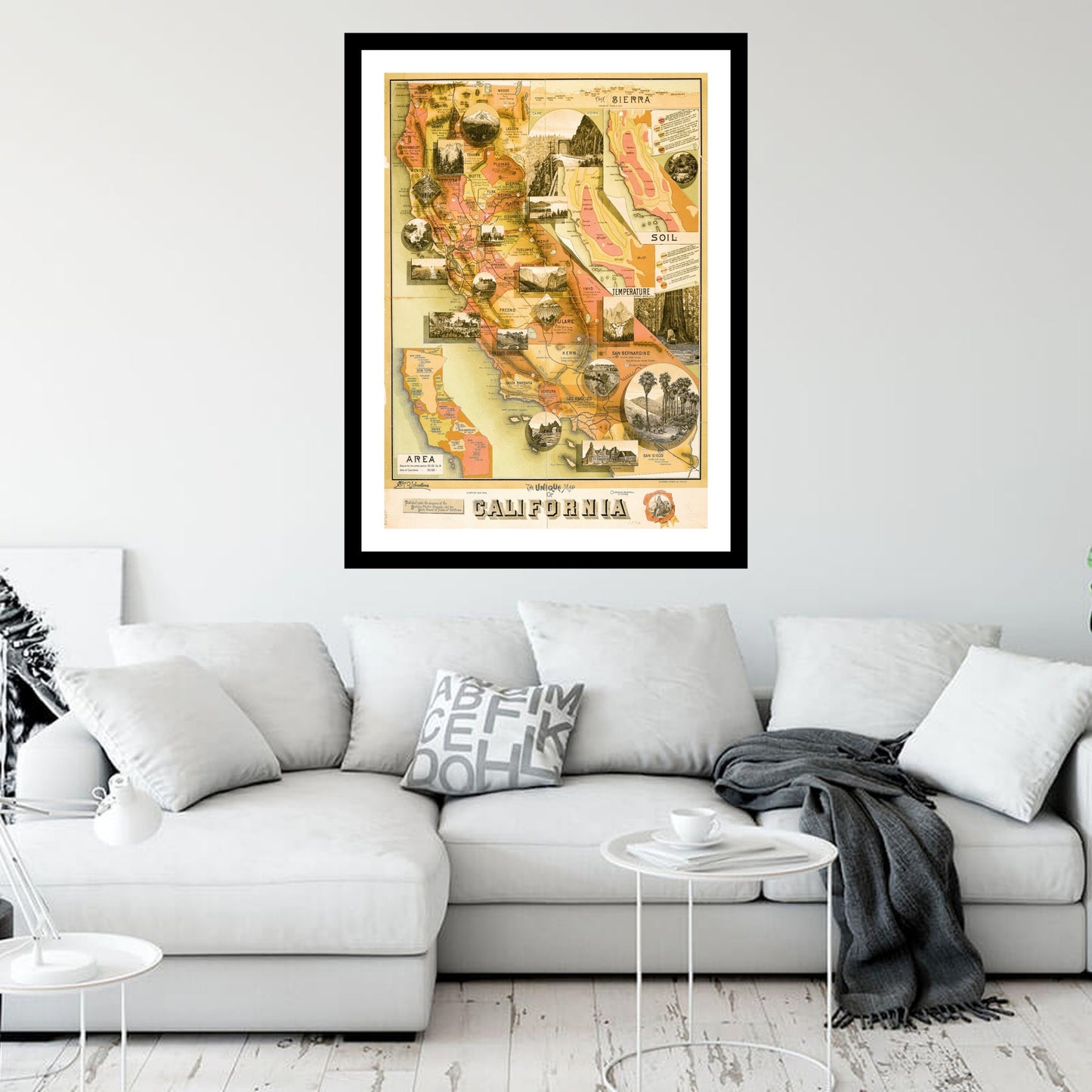 Antique map of California from 1890 - art print. Vintage poster from the old maps of United States collection