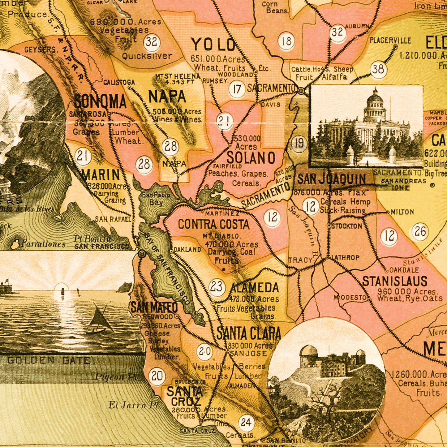 California USA 1890 - Old Antique Map - Art Print