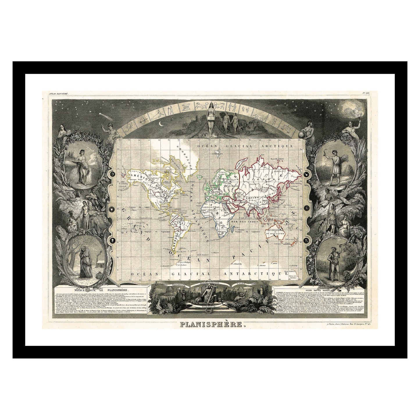 Antique map of Planisphere World from 1847 - art print. Vintage poster from the old maps of the World collection
