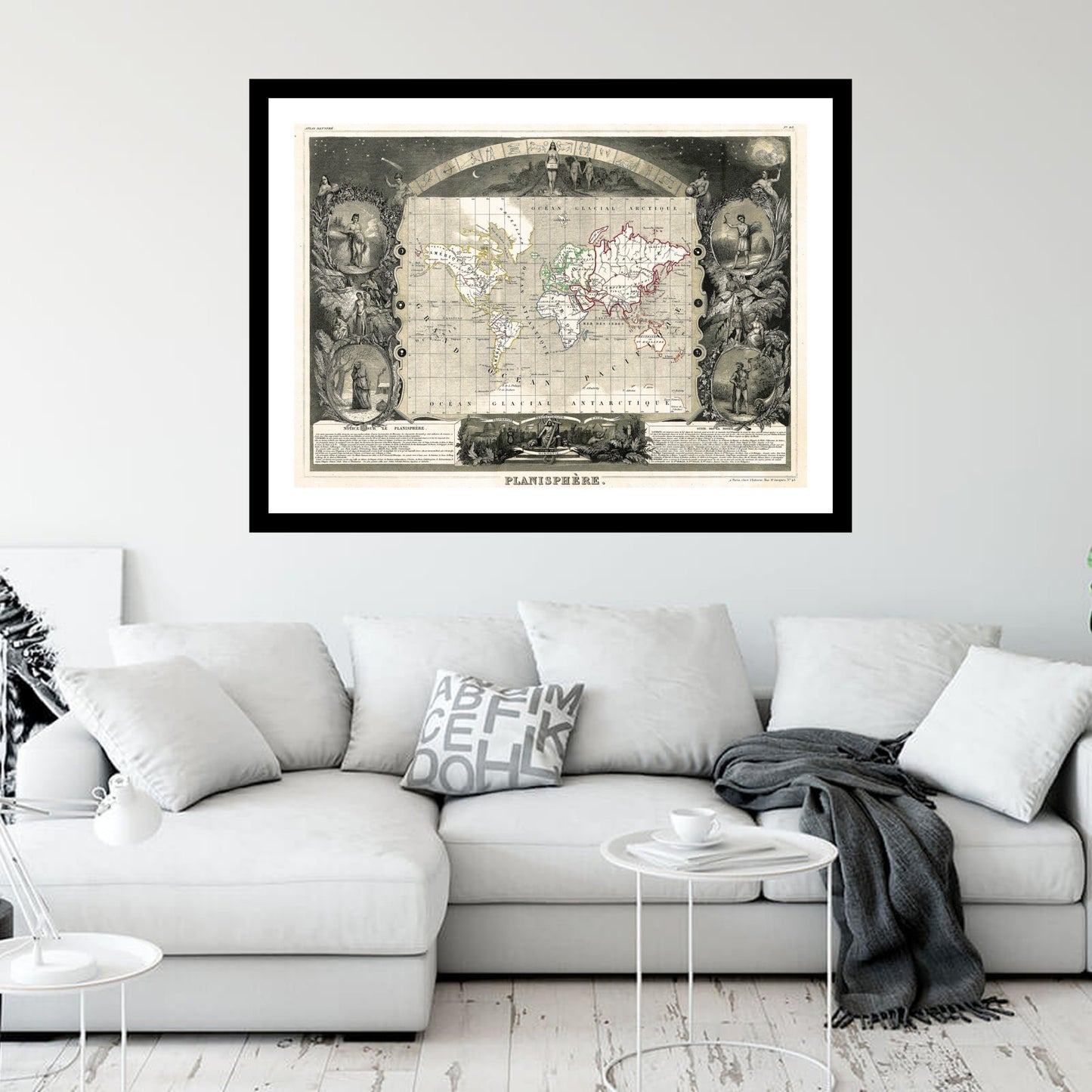 Antique map of Planisphere World from 1847 - art print. Vintage poster from the old maps of the World collection