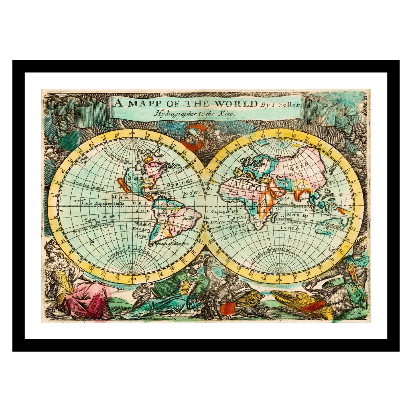 Antique map of the World from 1682 - art print. Vintage poster from the old maps of the World collection