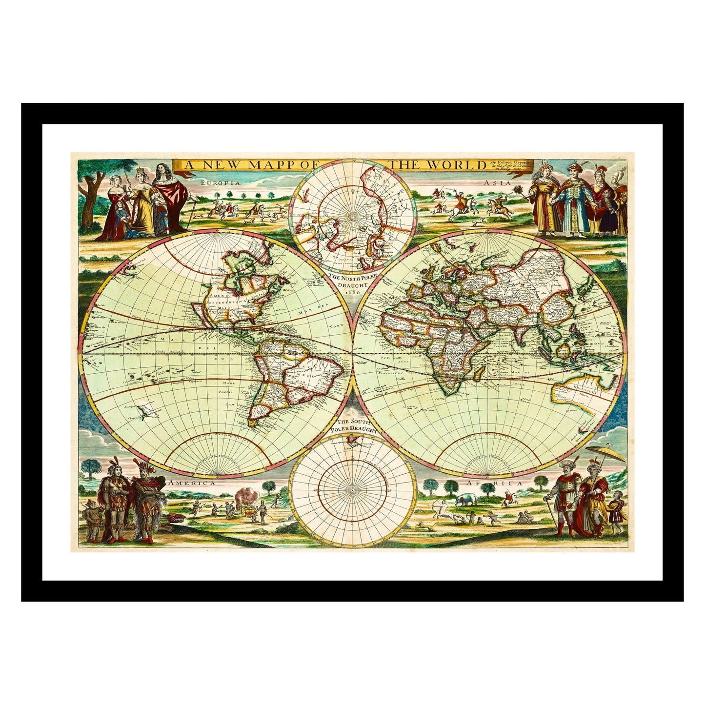 Antique map of the World from 1702 - art print. Vintage poster from the old maps of the World collection