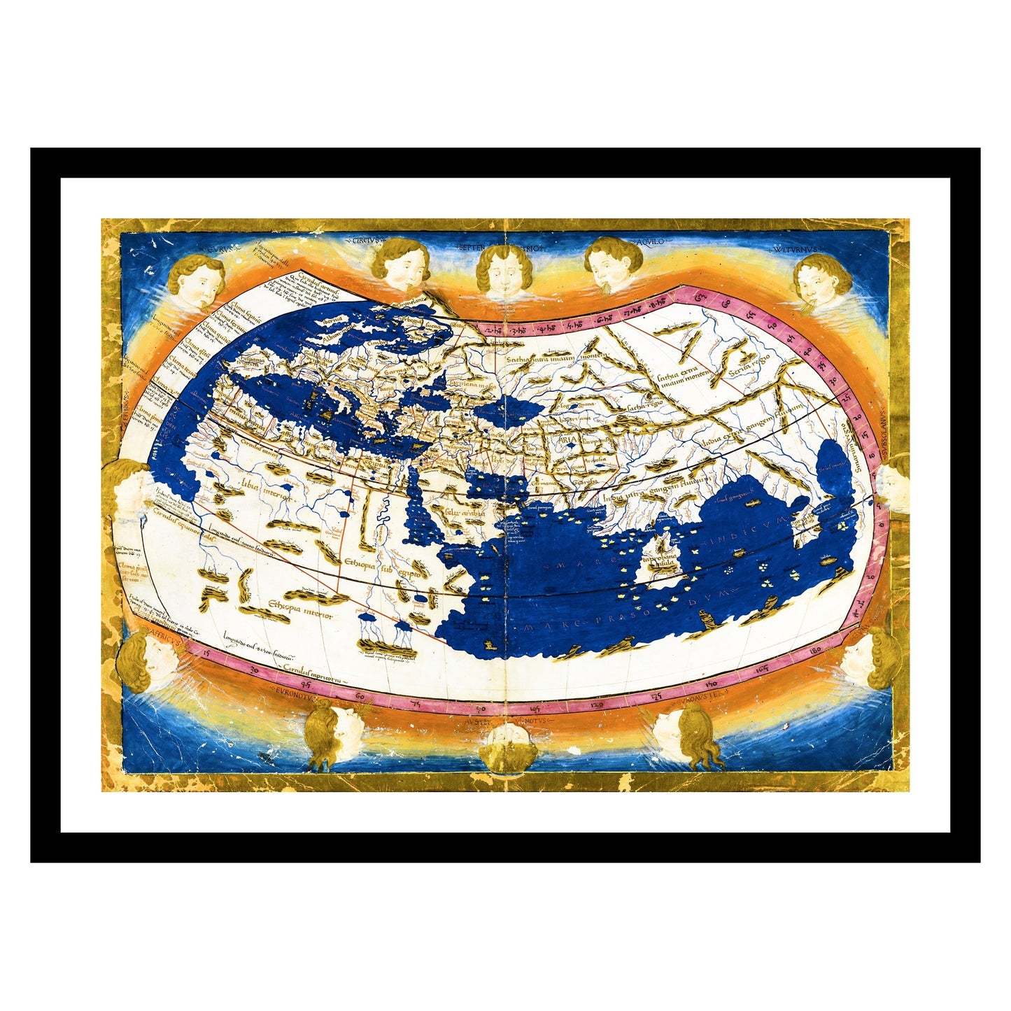 Antique map of Ptolemy World from 1467 - art print. Vintage poster from the old maps of the World collection