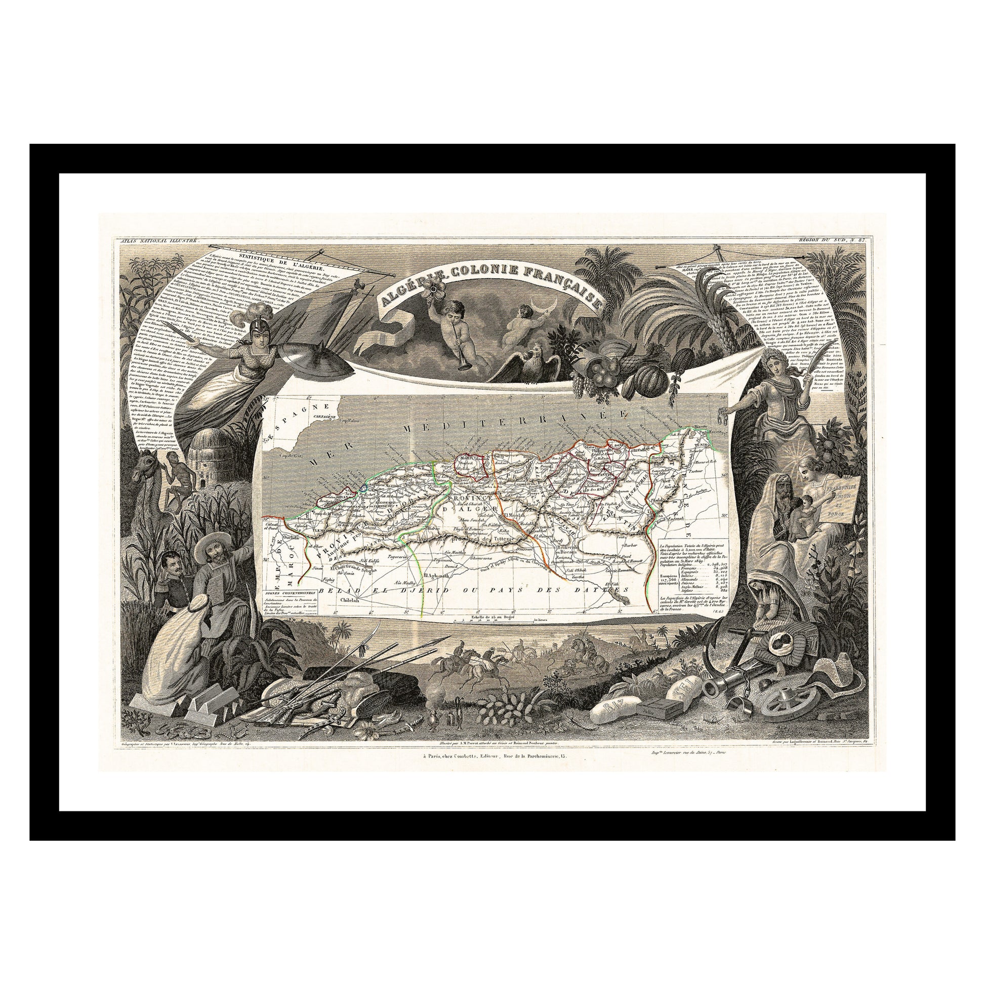 Antique map of Algeria from 1852 - art print. Vintage poster from the old maps of Africa collection