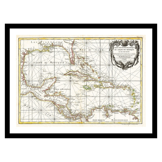 Antique map of Gulf of Mexico from 1762 - art print. Vintage poster from the old maps of Caribbean collection