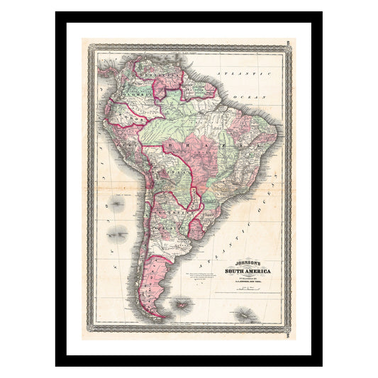 Antique map of South America from 1870 - art print. Vintage poster from the old maps of Americas collection