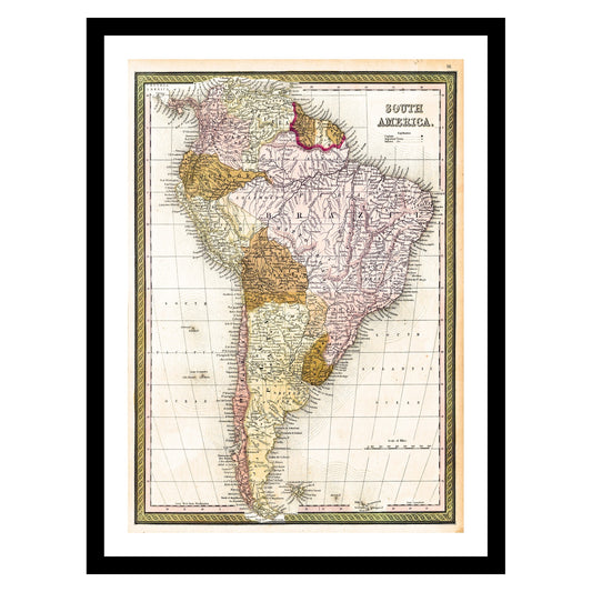 Antique map of South America from 1850 - art print. Vintage poster from the old maps of Americas collection