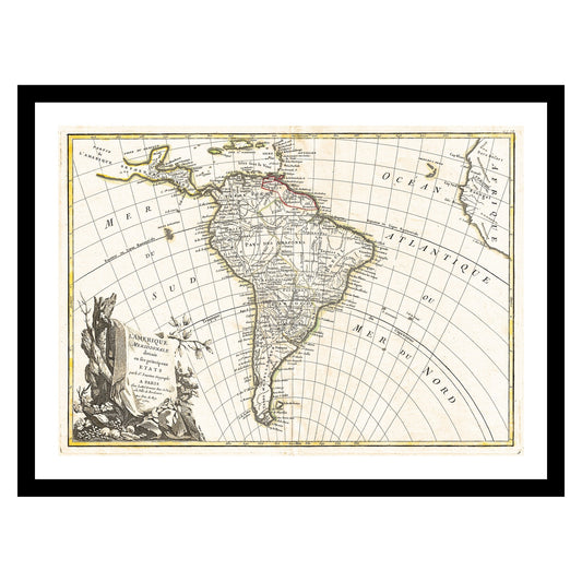 Antique map of South America from 1762 - art print. Vintage poster from the old maps of Americas collection