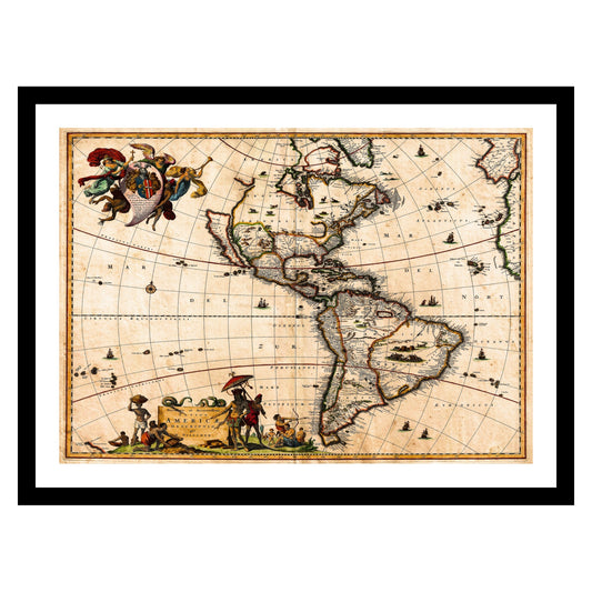 Antique map of North and South America from 1658 - art print. Vintage poster from the old maps of Americas collection