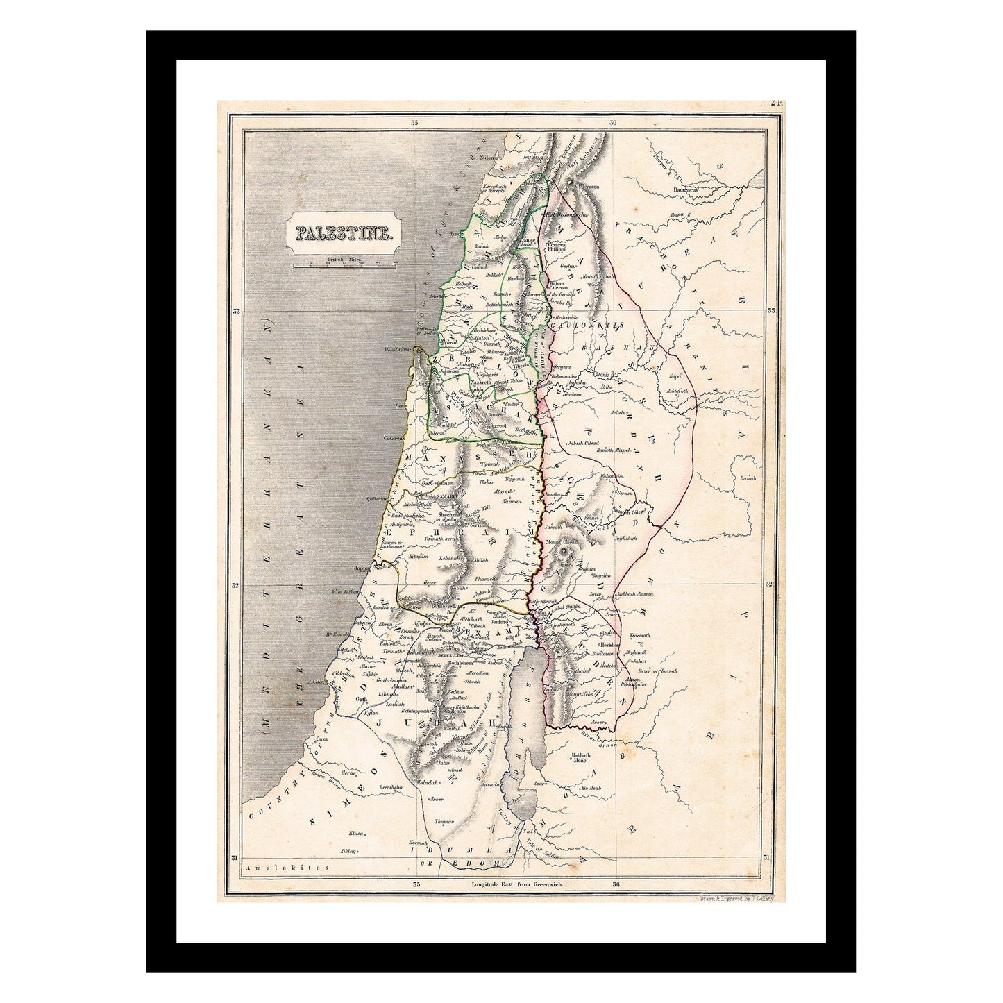 Antique map of Palestine Israel from 1845 - art print. Vintage poster from the old maps of Asia collection