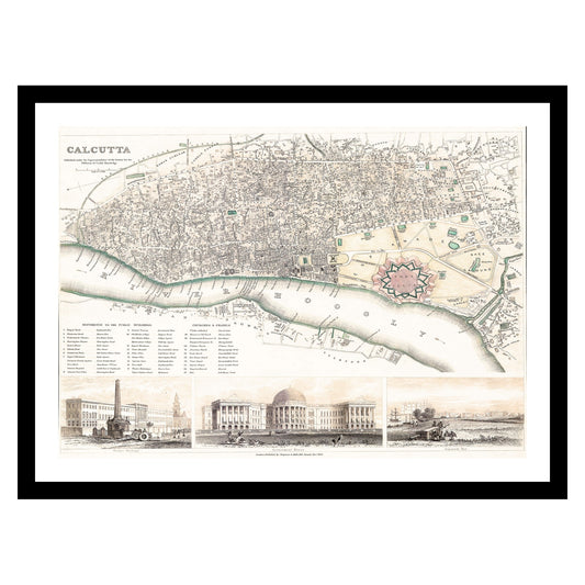 Antique map of Calcutta India from 1842 - art print. Vintage poster from the old maps of Asia collection