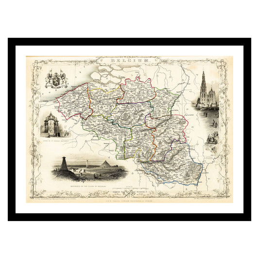 Antique map of Belgium from 1851 - art print. Vintage poster from the old maps of Belgium collection