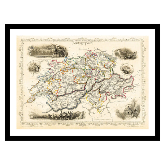 Antique map of Switzerland from 1851 - art print. Vintage poster from the old maps of Switzerland collection